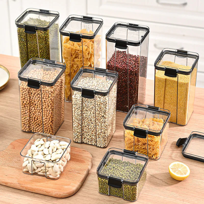 Tarros sellados para almacenamiento de granos en la cocina