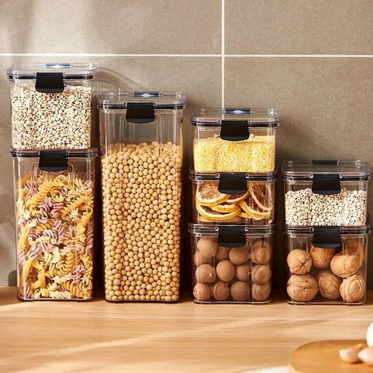 Tarros sellados para almacenamiento de granos en la cocina